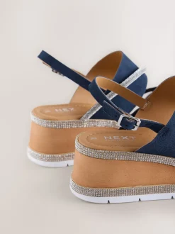 Navy Blue Standard/Wide Fit Leather Bling Detail Slingback Sports Wedge Sandals