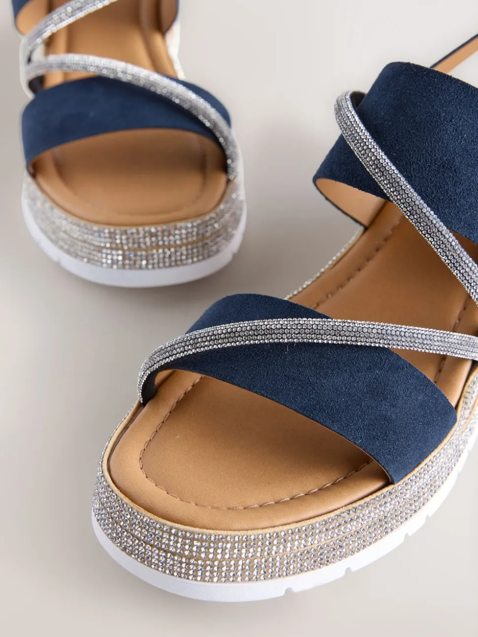 Navy Blue Standard/Wide Fit Leather Bling Detail Slingback Sports Wedge Sandals