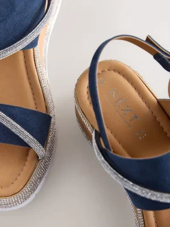 Navy Blue Standard/Wide Fit Leather Bling Detail Slingback Sports Wedge Sandals