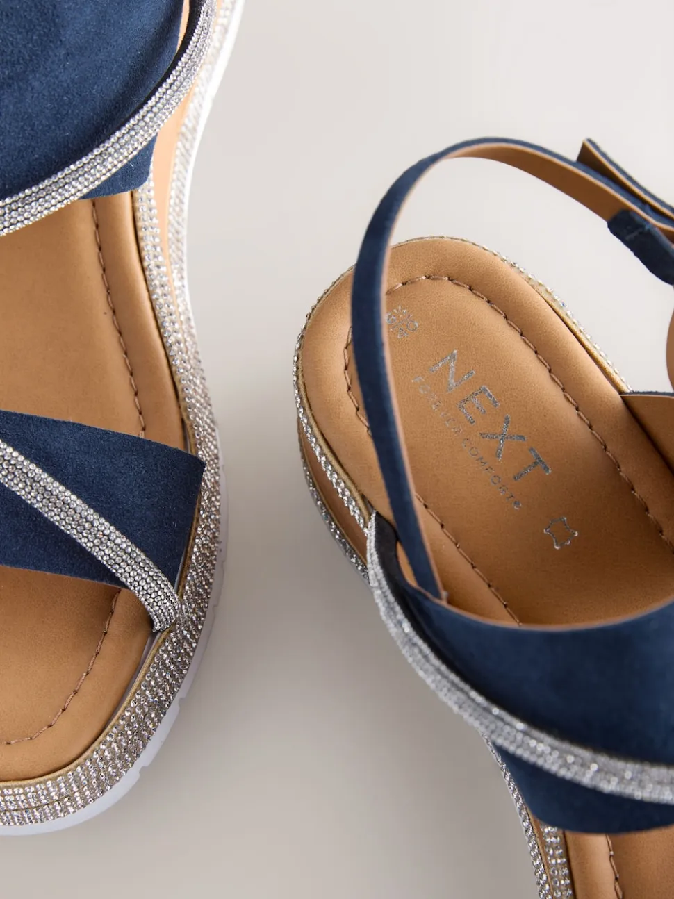 Navy Blue Standard/Wide Fit Leather Bling Detail Slingback Sports Wedge Sandals