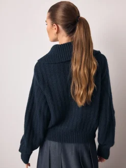 Navy Blue Stitchy Knitted Zip Up Collar Cardigan