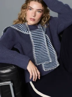 Navy Blue Stripe Scarf Layer Lace Trim Knitted Jumper