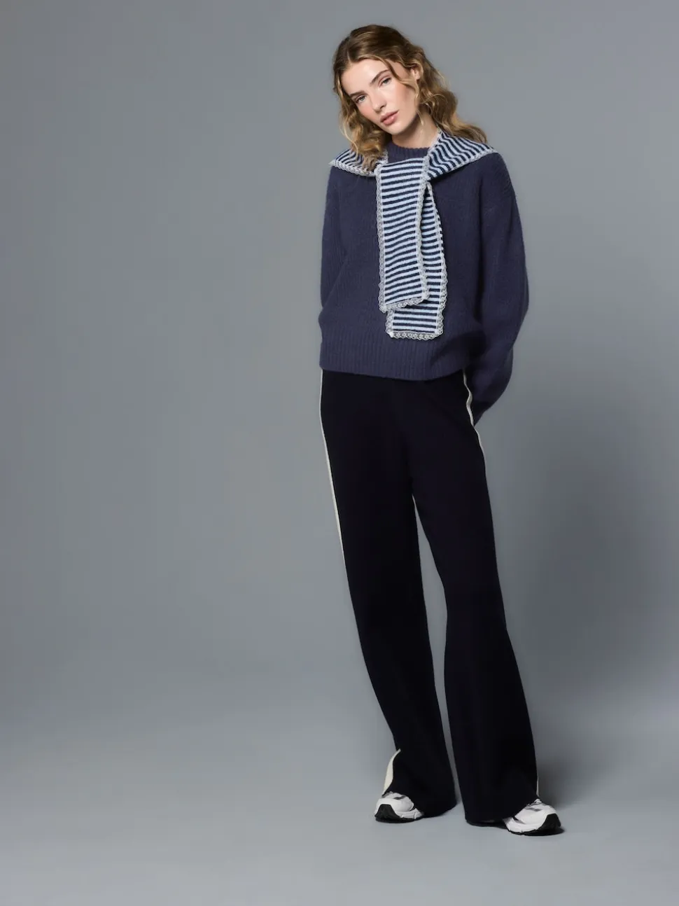 Navy Blue Stripe Scarf Layer Lace Trim Knitted Jumper