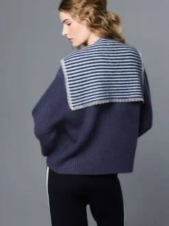 Navy Blue Stripe Scarf Layer Lace Trim Knitted Jumper