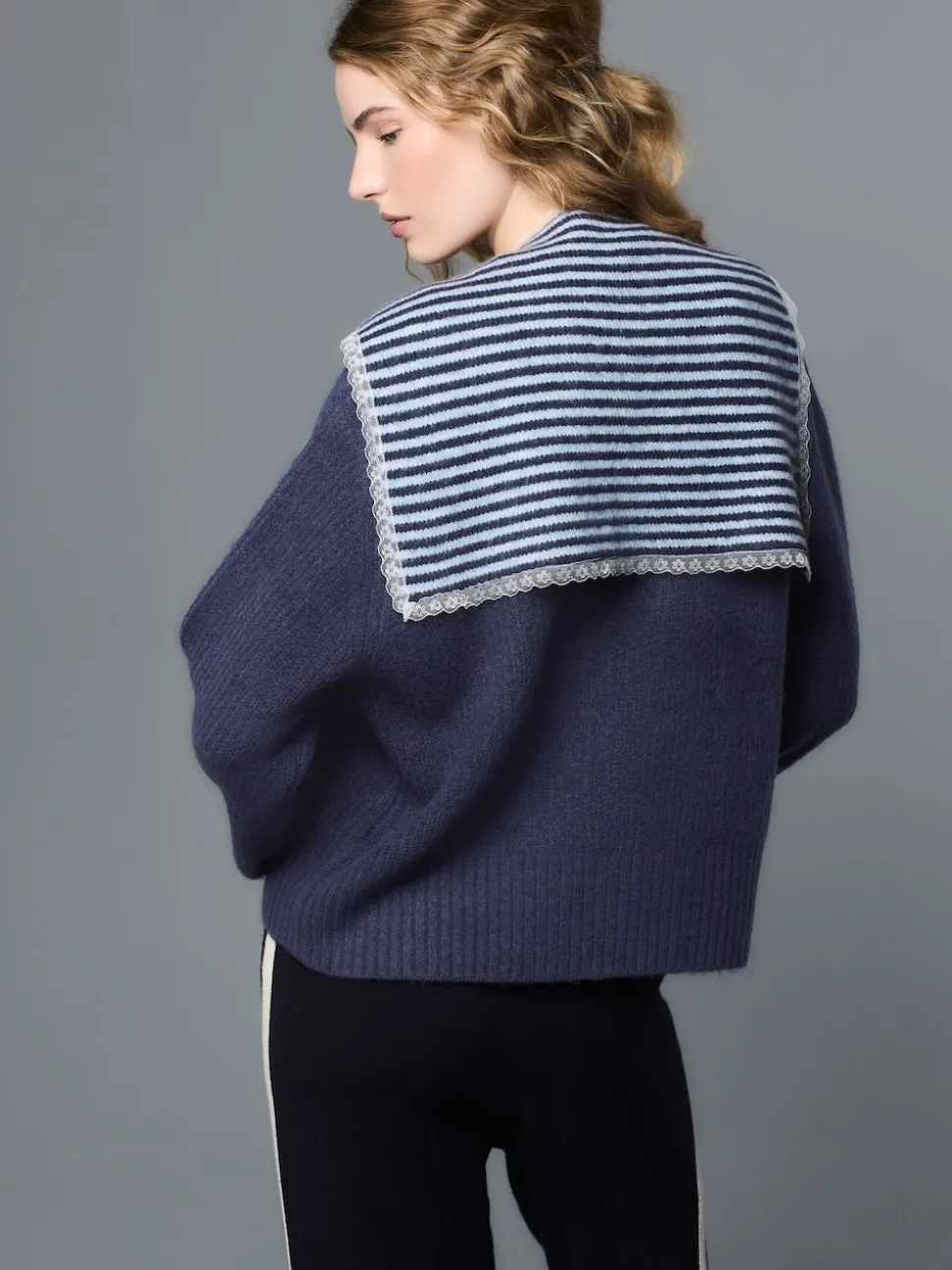Navy Blue Stripe Scarf Layer Lace Trim Knitted Jumper