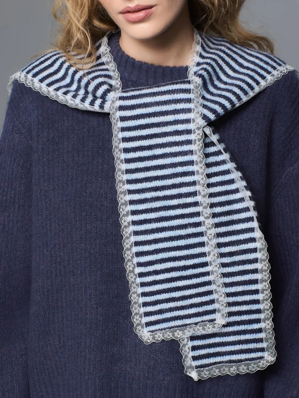 Navy Blue Stripe Scarf Layer Lace Trim Knitted Jumper