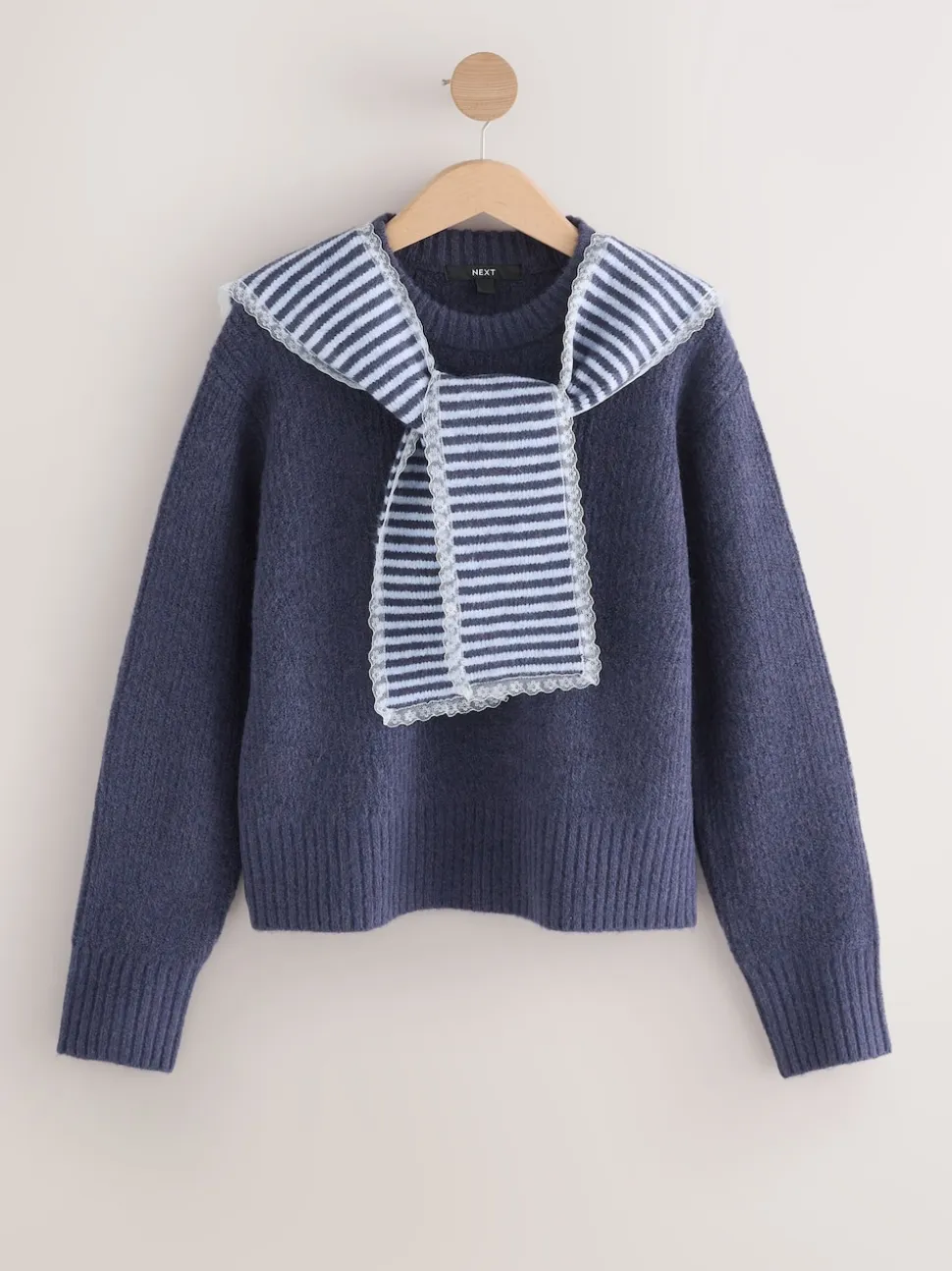 Navy Blue Stripe Scarf Layer Lace Trim Knitted Jumper