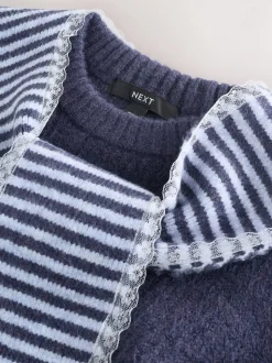 Navy Blue Stripe Scarf Layer Lace Trim Knitted Jumper
