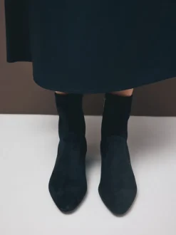 Navy Blue Suede Motionflex Block Heeled Sock Boots