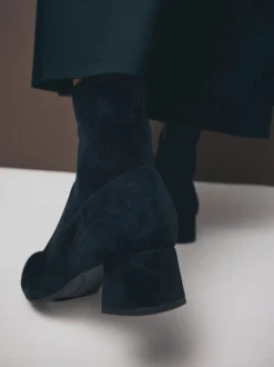 Navy Blue Suede Motionflex Block Heeled Sock Boots