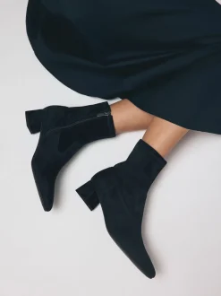 Navy Blue Suede Motionflex Block Heeled Sock Boots
