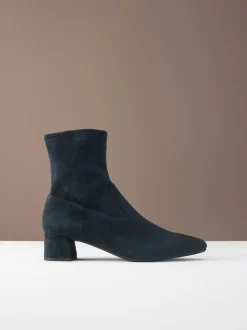 Navy Blue Suede Motionflex Block Heeled Sock Boots