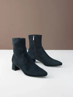 Navy Blue Suede Motionflex Block Heeled Sock Boots