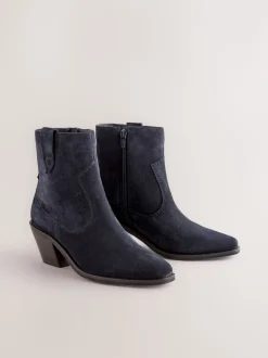 Navy Blue Suede Standard/Wide Fit Cowboy Block Heel Ankle Boots