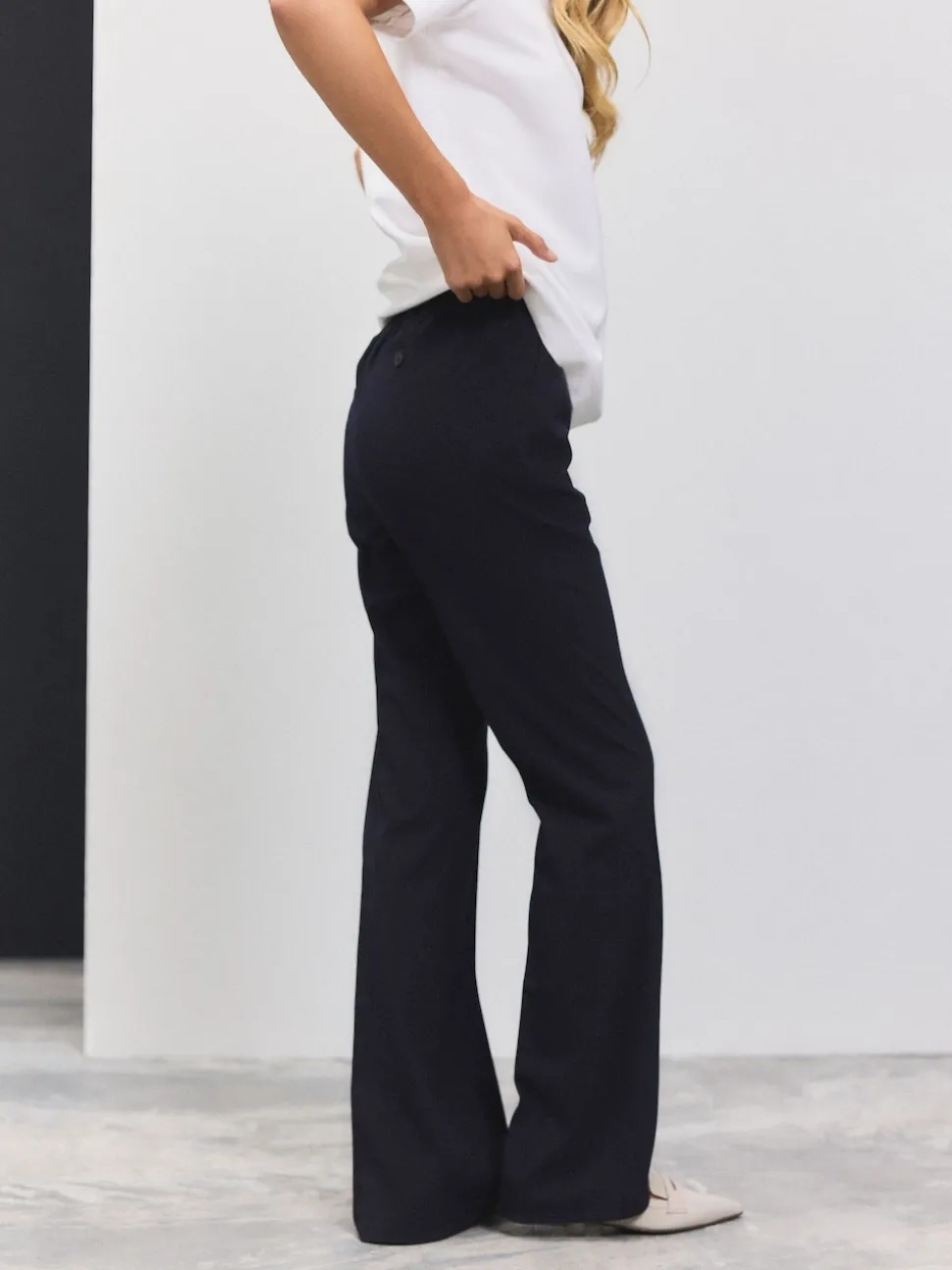 Navy Blue Tailored Bootcut Trousers With Wool