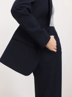 Navy Blue Tailored Single Breasted Blazer With Wool