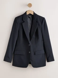 Navy Blue Tailored Single Breasted Blazer With Wool