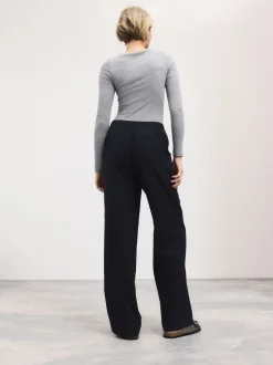 Navy Blue Tailored Wide Leg Trousers With Wool