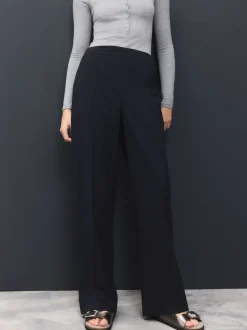 Navy Blue Tailored Wide Leg Trousers With Wool