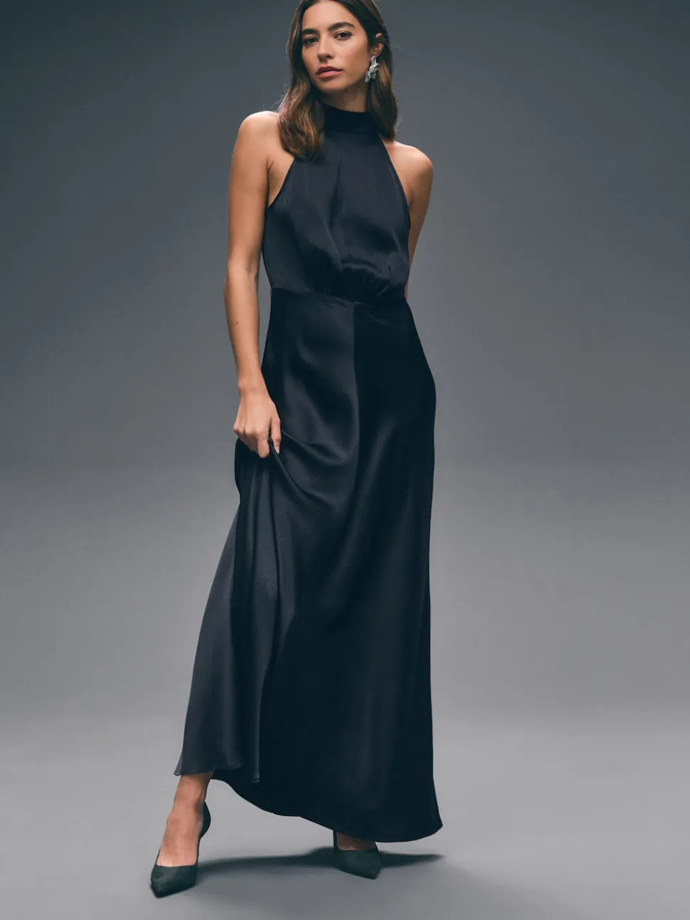 Navy Blue Textured Satin Halter Sleeveless Midi Dress