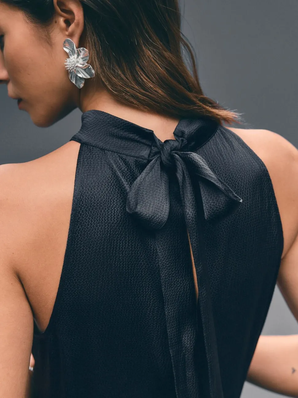 Navy Blue Textured Satin Halter Sleeveless Midi Dress