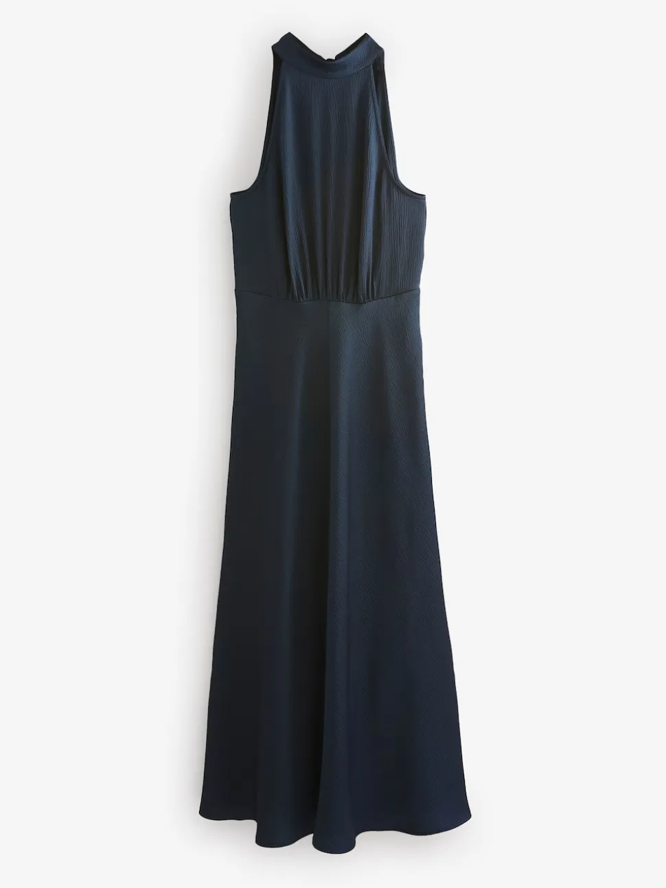 Navy Blue Textured Satin Halter Sleeveless Midi Dress