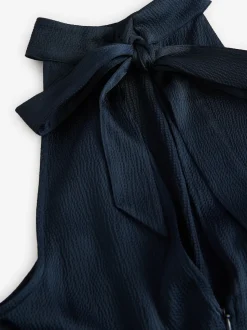 Navy Blue Textured Satin Halter Sleeveless Midi Dress