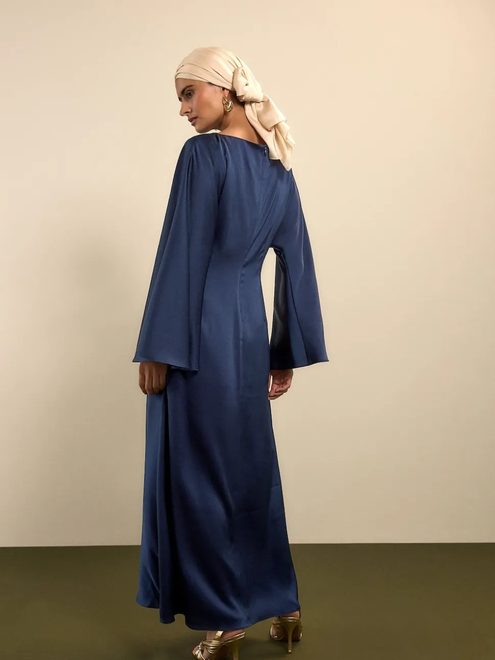 Navy Blue Twist Front Long Sleeve Satin Maxi Dress
