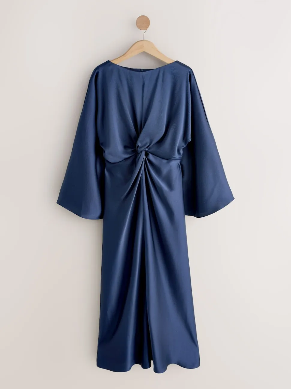 Navy Blue Twist Front Long Sleeve Satin Maxi Dress