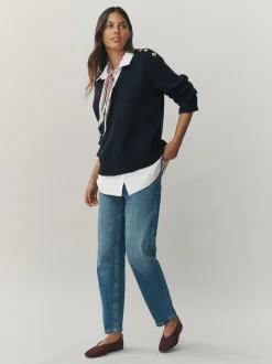 Navy Blue V-Neck Knitted Shirt Layer Look Jumper