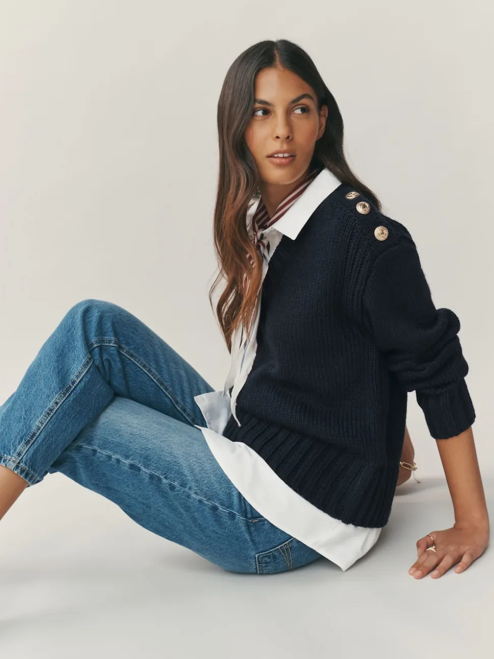 Navy Blue V-Neck Knitted Shirt Layer Look Jumper