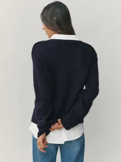 Navy Blue V-Neck Knitted Shirt Layer Look Jumper