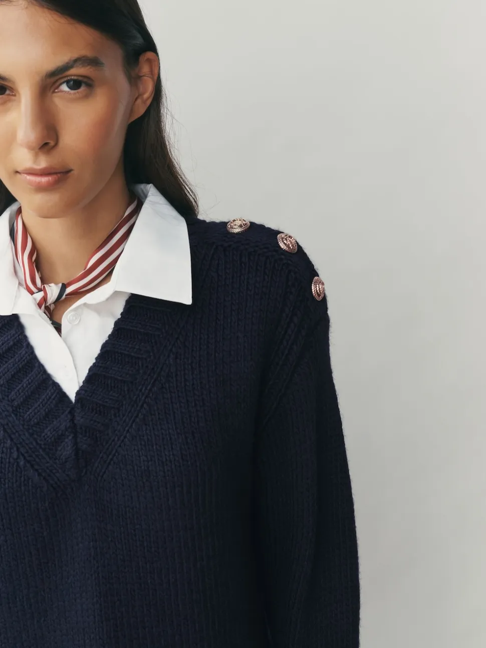 Navy Blue V-Neck Knitted Shirt Layer Look Jumper