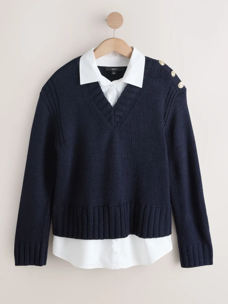 Navy Blue V-Neck Knitted Shirt Layer Look Jumper