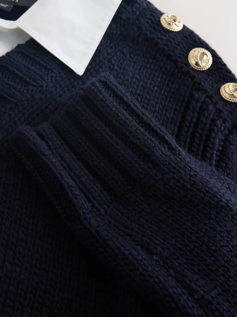 Navy Blue V-Neck Knitted Shirt Layer Look Jumper