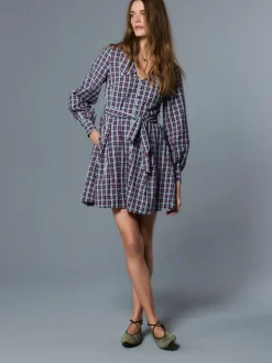 Navy Blue/Red Check Mini Long Sleeve Collared Shirt Dress
