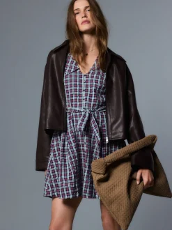 Navy Blue/Red Check Mini Long Sleeve Collared Shirt Dress