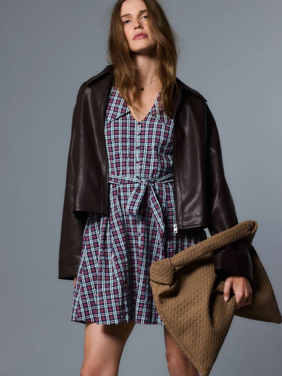 Navy Blue/Red Check Mini Long Sleeve Collared Shirt Dress