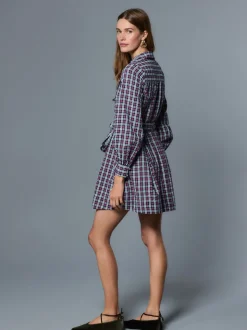 Navy Blue/Red Check Mini Long Sleeve Collared Shirt Dress