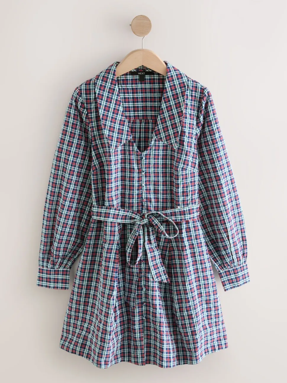 Navy Blue/Red Check Mini Long Sleeve Collared Shirt Dress