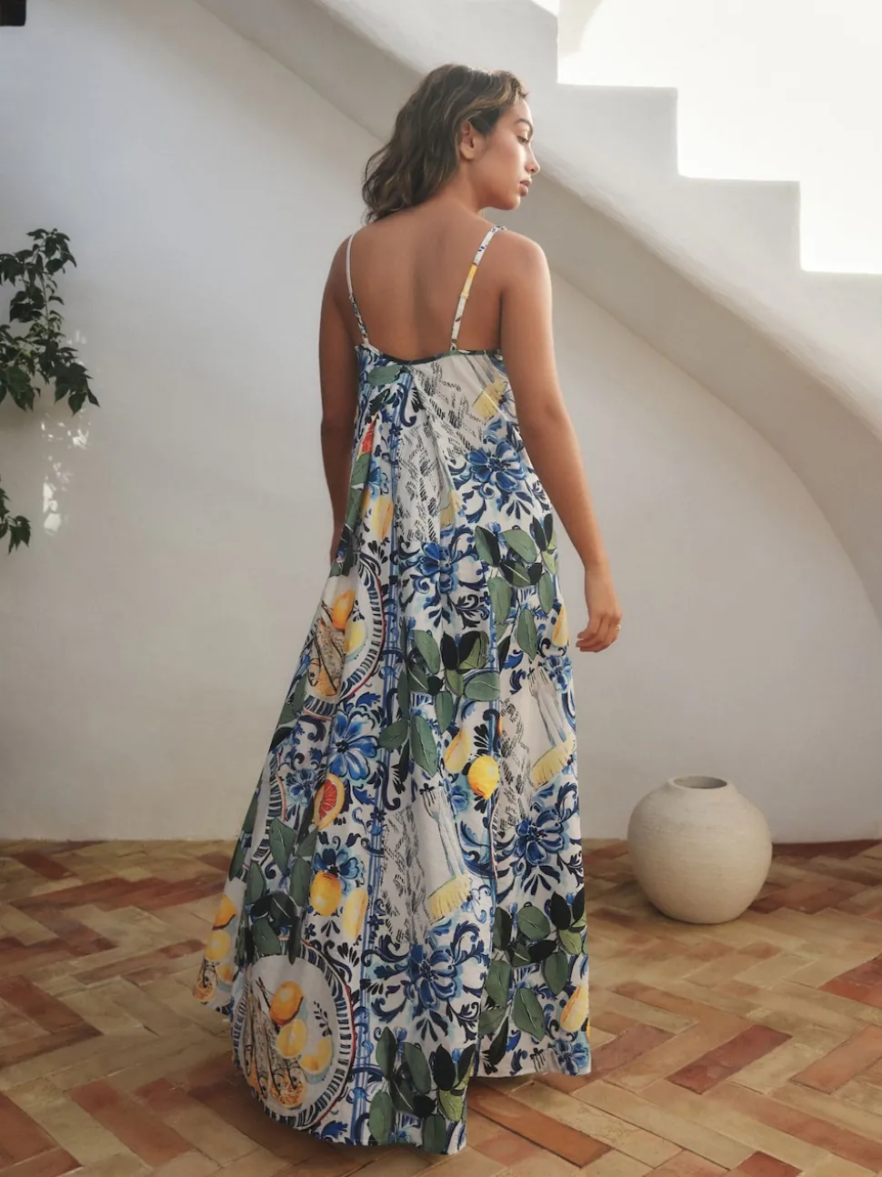 Navy Blue/White Sardine Print Fruit Print Volume Maxi Dress