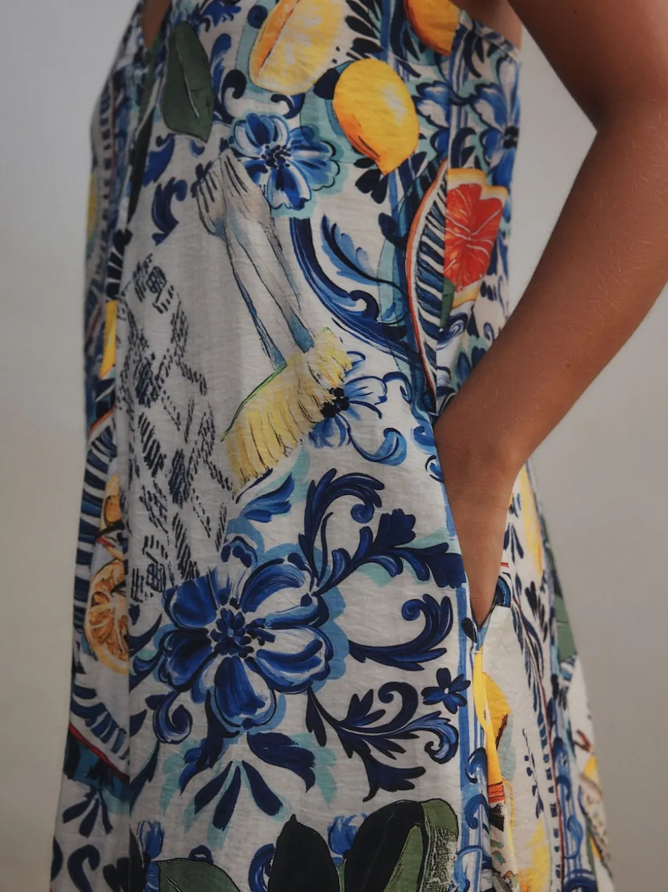 Navy Blue/White Sardine Print Fruit Print Volume Maxi Dress