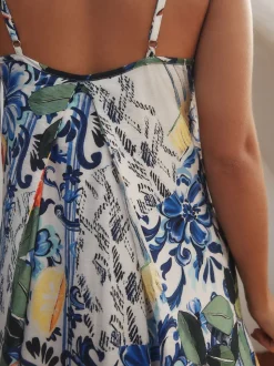 Navy Blue/White Sardine Print Fruit Print Volume Maxi Dress
