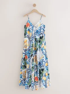 Navy Blue/White Sardine Print Fruit Print Volume Maxi Dress