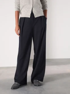 Navy Elastic Back Wide Leg Trousers With Wool