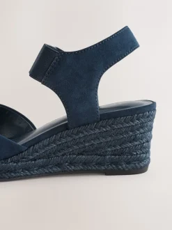 Navy Extra Wide Fit Round Toe Elastic Strap Detail Wedges