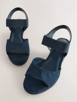 Navy Extra Wide Fit Round Toe Elastic Strap Detail Wedges