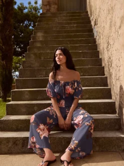 Navy Floral Off the Shoulder Jumpsuit