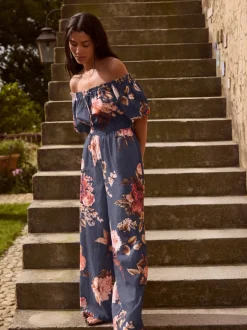 Navy Floral Off the Shoulder Jumpsuit