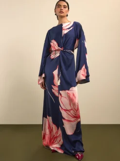Navy Floral Twist Front Long Sleeve Satin Maxi Dress